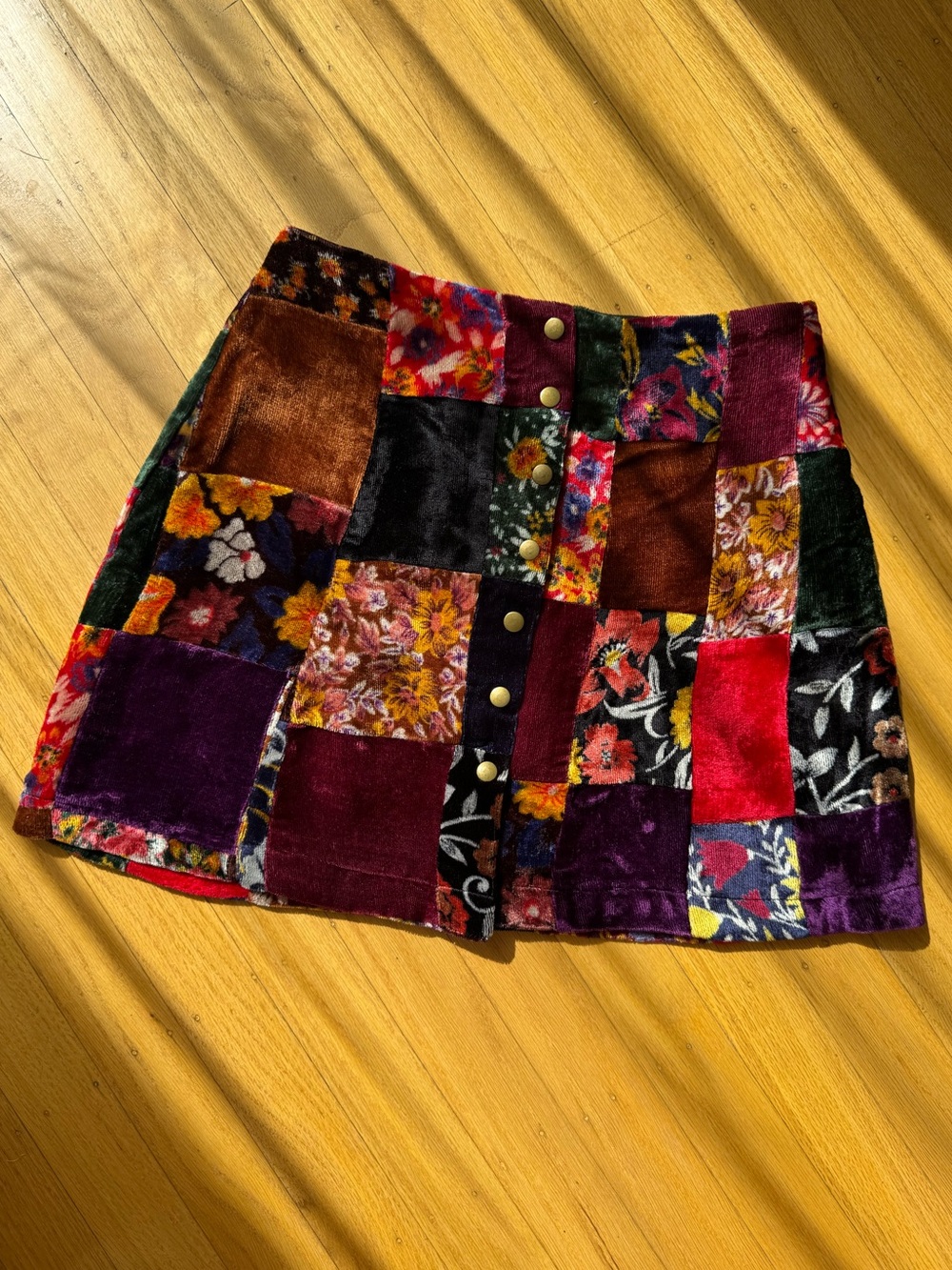 Rare Reformation 70s style Patchwork Velvet Mini Skirt in Burgundy, Purple, Red